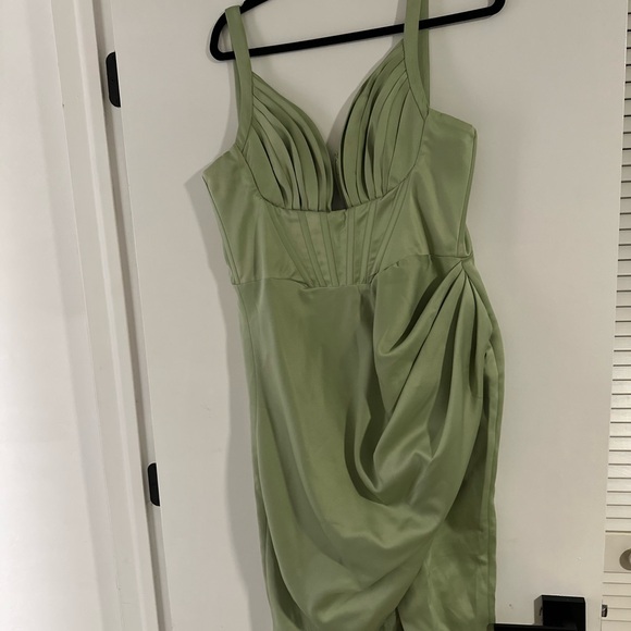 House of CB Faye Satin Corset Dress Elegant Mint Green Draped Dress - Picture 2 of 2